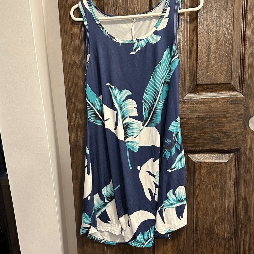 Navy Tropical Leaf Print Mini Dress